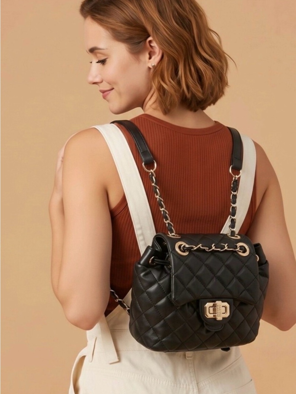 Badgley Mischka Black Quilted Mini Backpack with Gold Chain Accents